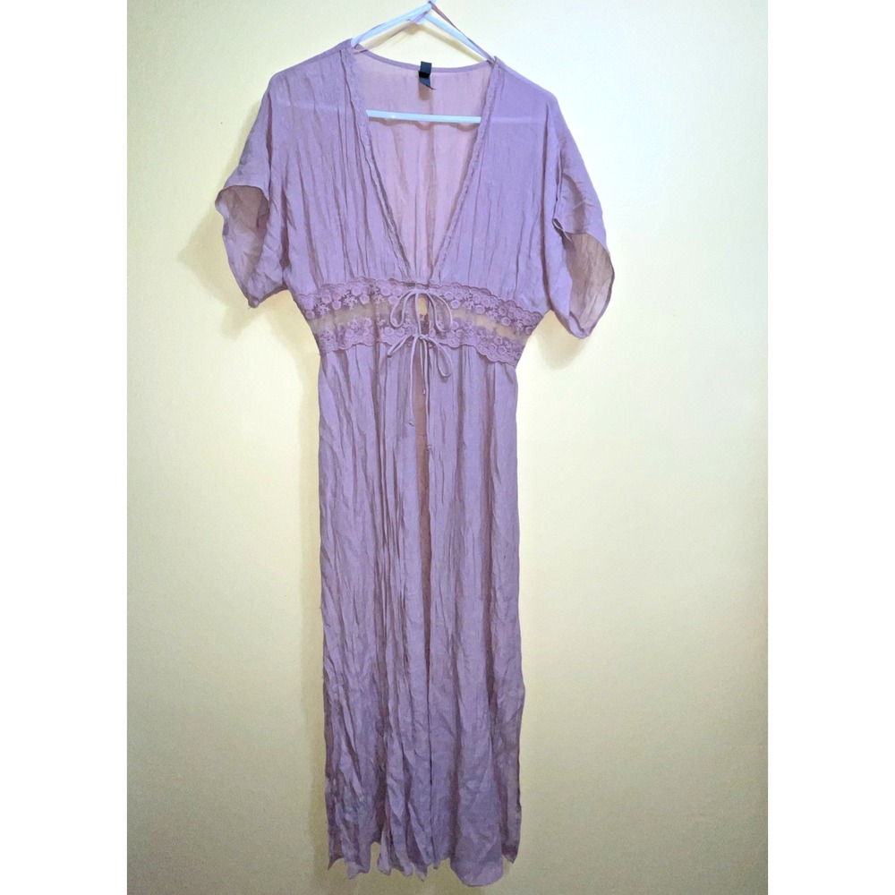 ALYA Sheer Kimono S/M Boho Lace Embroidered Gauze Flowy Mauve‎ Maxi